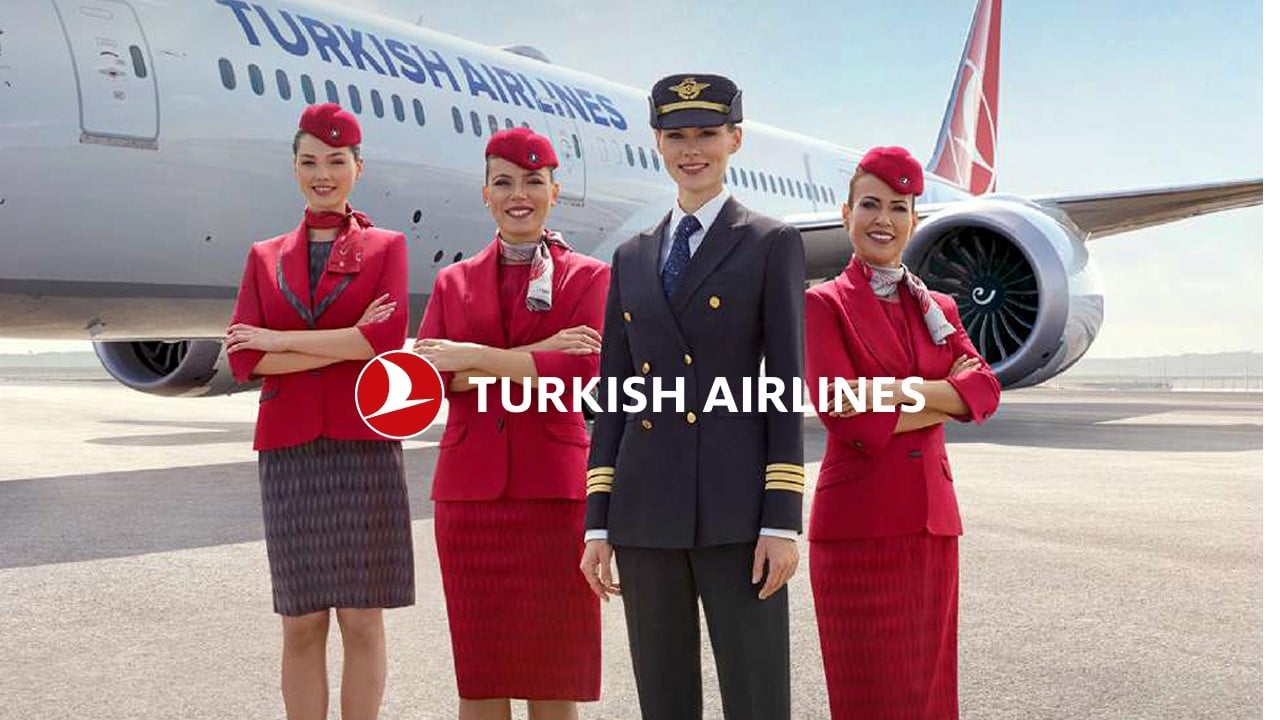Equipe da Turkish Airlines em frente a aeronave